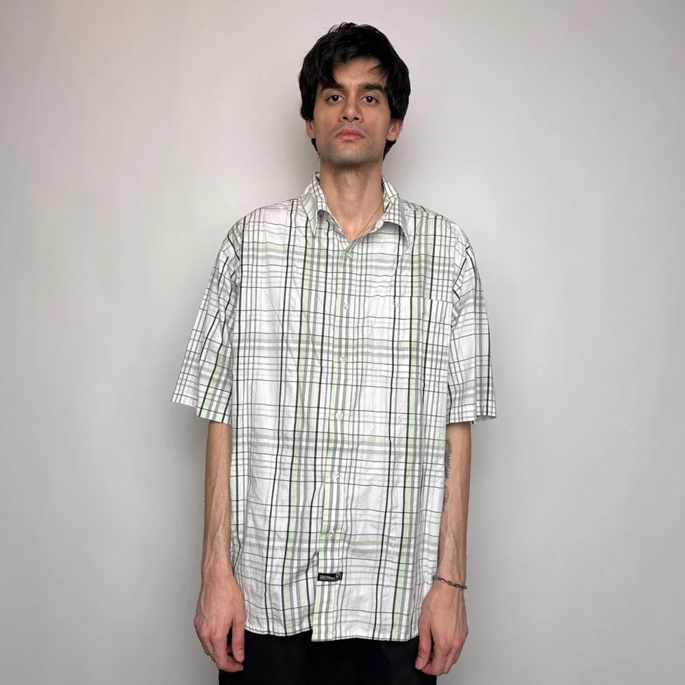 Southpole Mens XL Short Sleeve Button Down Shirt Plaid Lime Green Y2K Baggy - Picture 11 of 11
